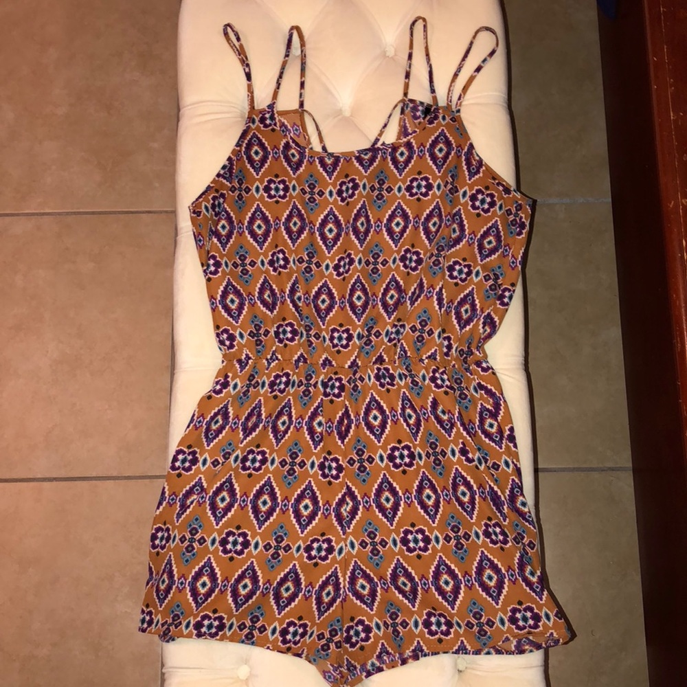 Beautiful Tan Romper with Purple and White Detail